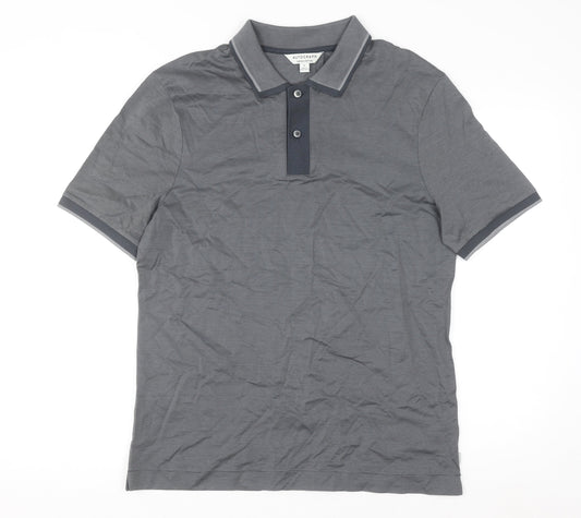 Marks and Spencer Men's Grey Striped Cotton Polo Shirt M