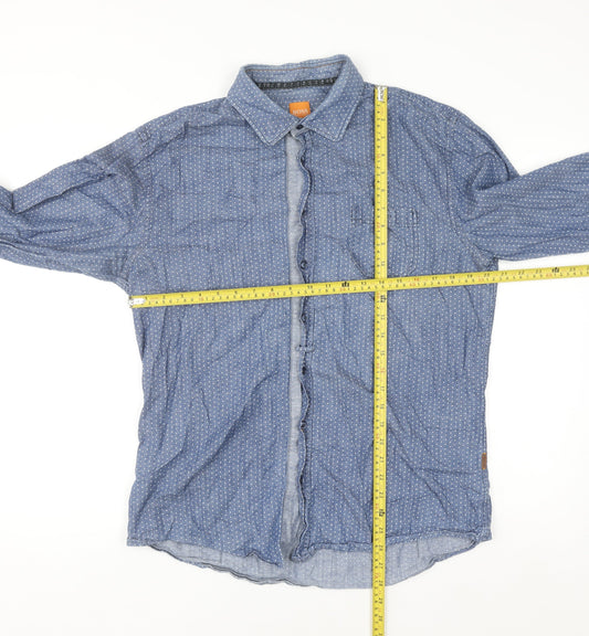 Hugo Boss Men's Blue Polka Dot Slim Fit Cotton Long Sleeve Shirt XL