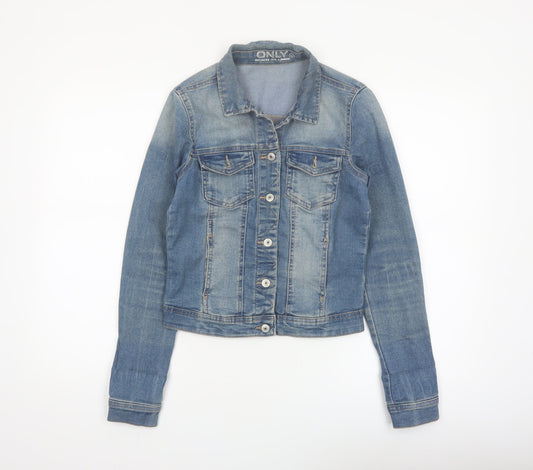 Additional front view of Only women’s blue denim cropped jacket, size UK 6, casual classic style
