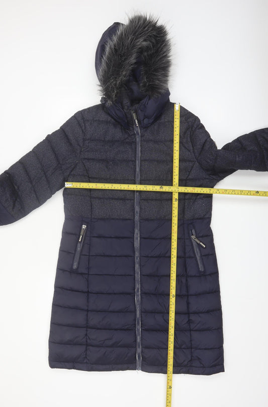 Superdry Womens Blue Long Puffer Coat Size 12 Hooded Faux Fur Winter Jacket