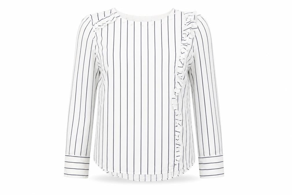 Mango Women’s White Striped Ruffle Long Sleeve Cotton Blouse XS