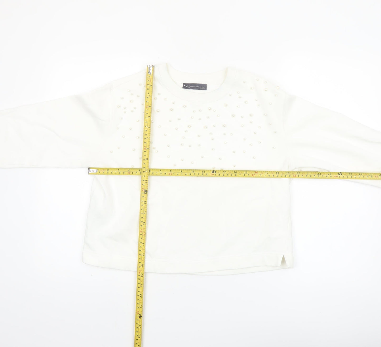 Marks and Spencer Women Ivory Pearl Embellished Pullover Sweatshirt S