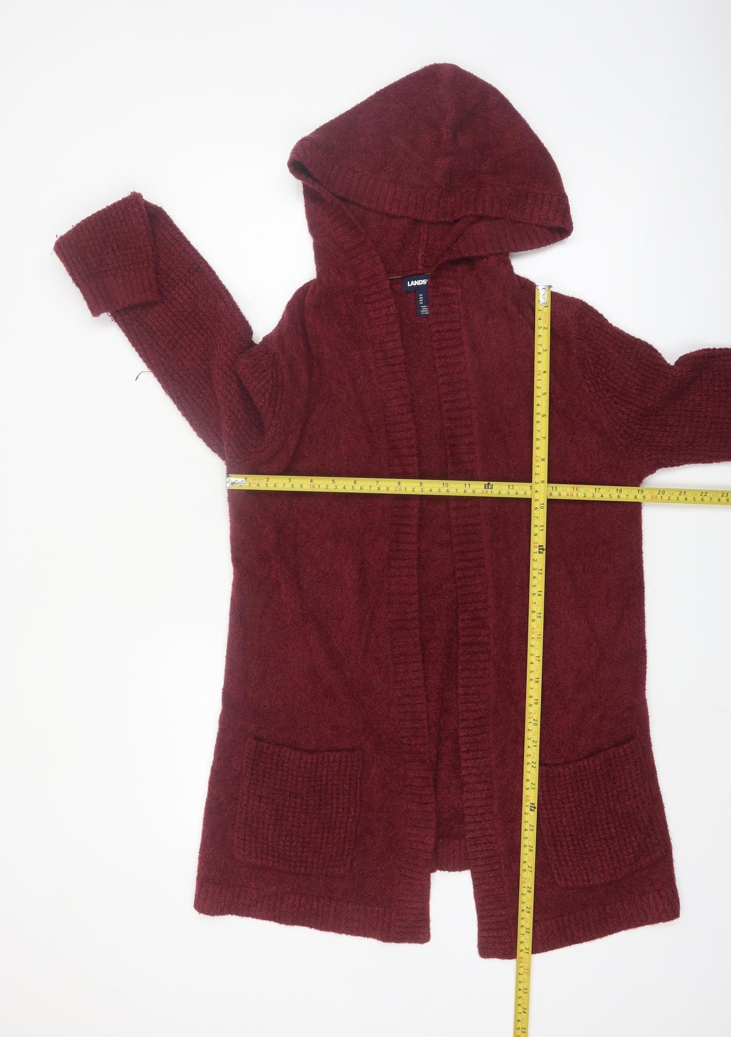 Lands' End Women's Red Hooded Open Knit Cardigan Size S