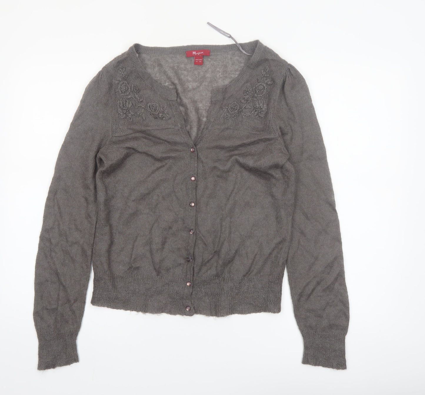 Monsoon Women Grey V-Neck Embroidered Cardigan Size 12