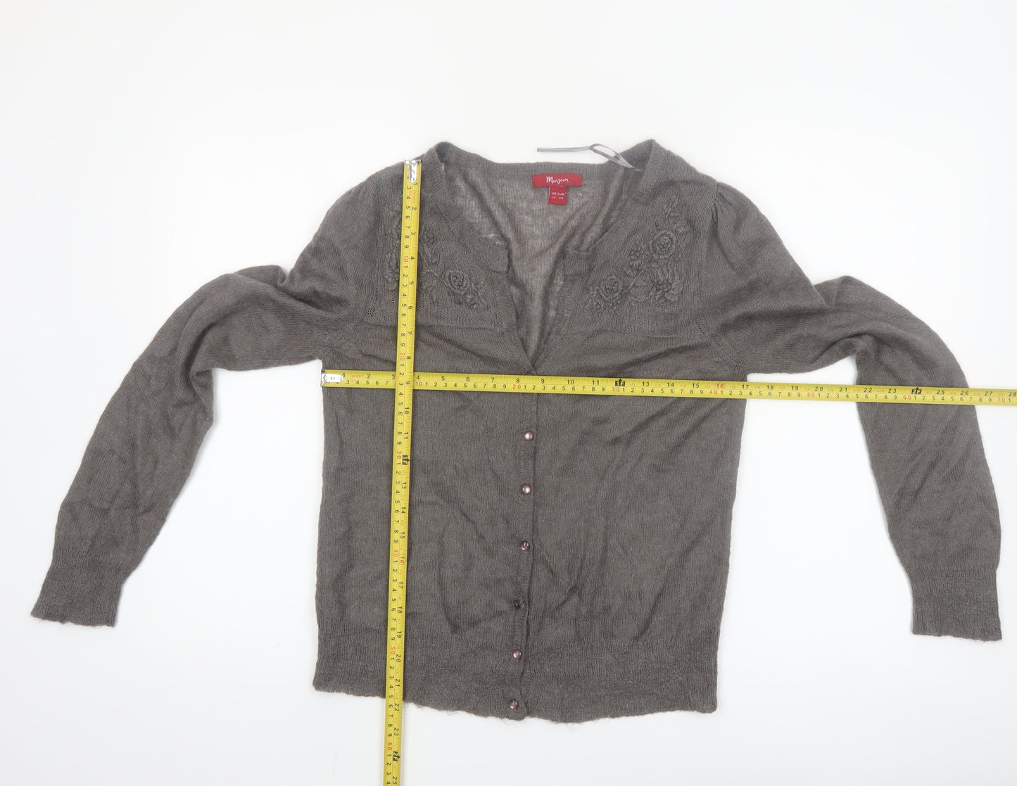 Monsoon Women Grey V-Neck Embroidered Cardigan Size 12