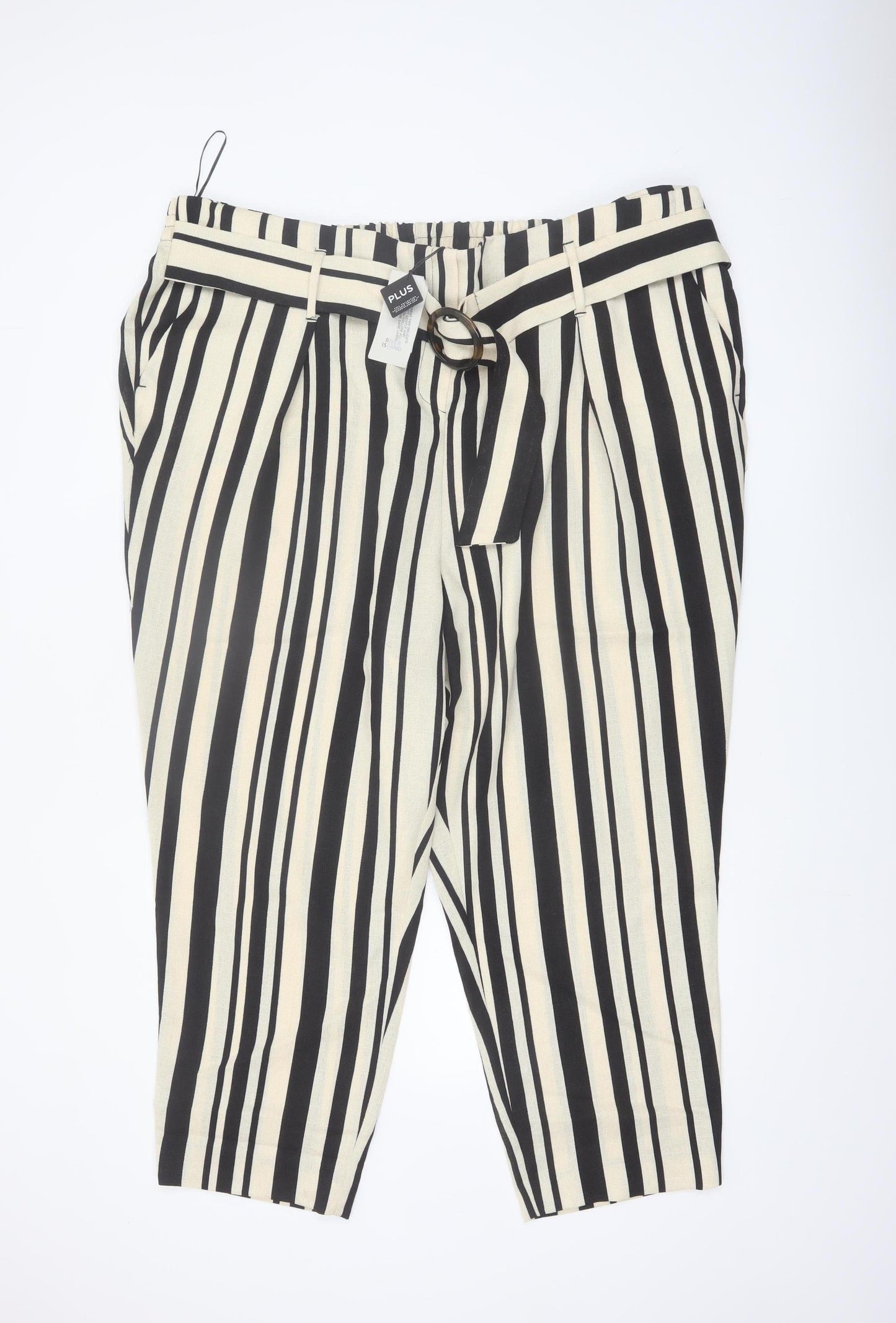 River Island Women’s Black Striped Cropped Belted Plus Size 26 Trousers