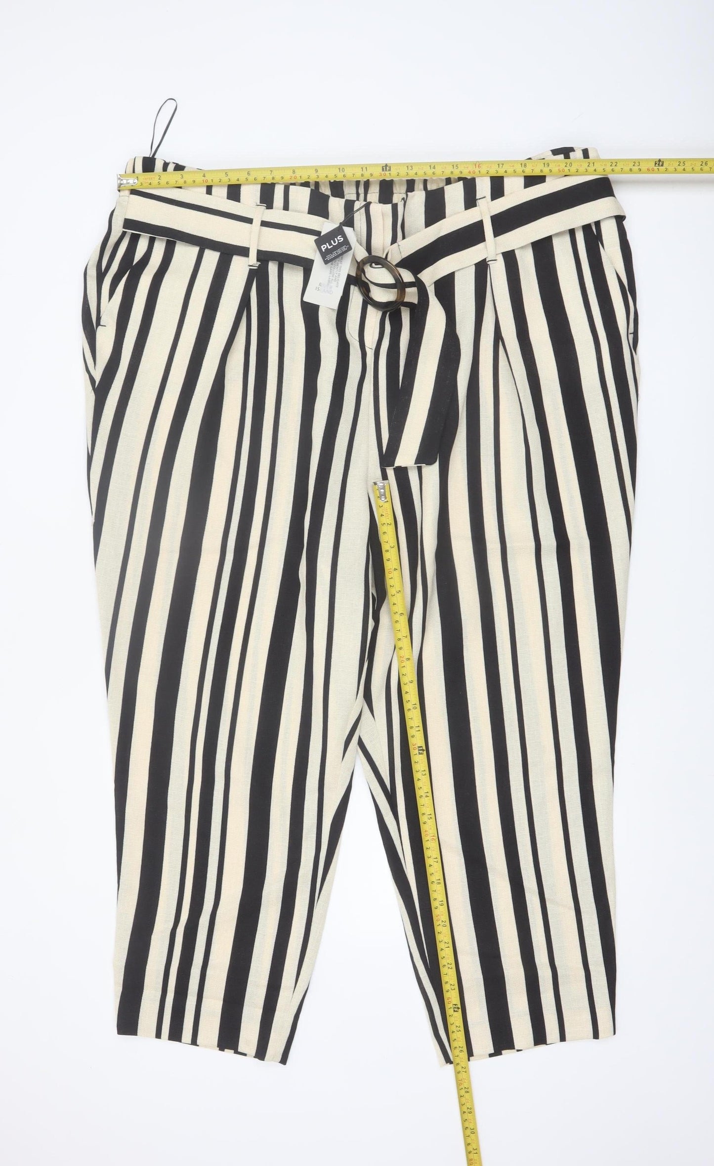 River Island Women’s Black Striped Cropped Belted Plus Size 26 Trousers