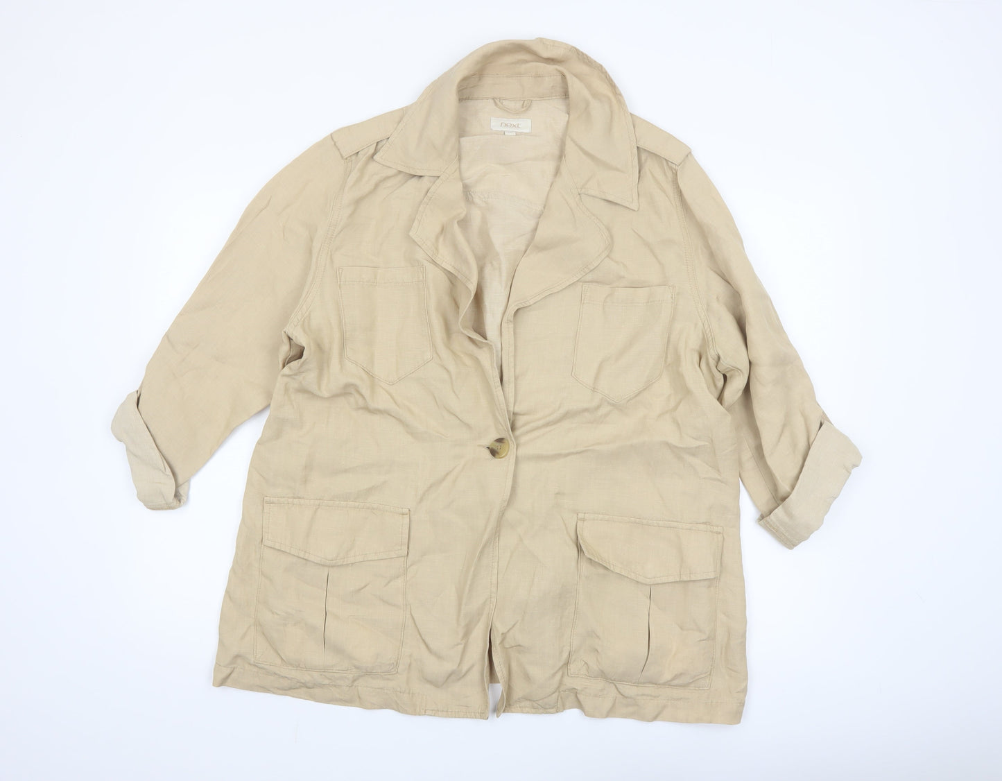 Next Women Beige Linen Blend Mid-Length Jacket Size 18
