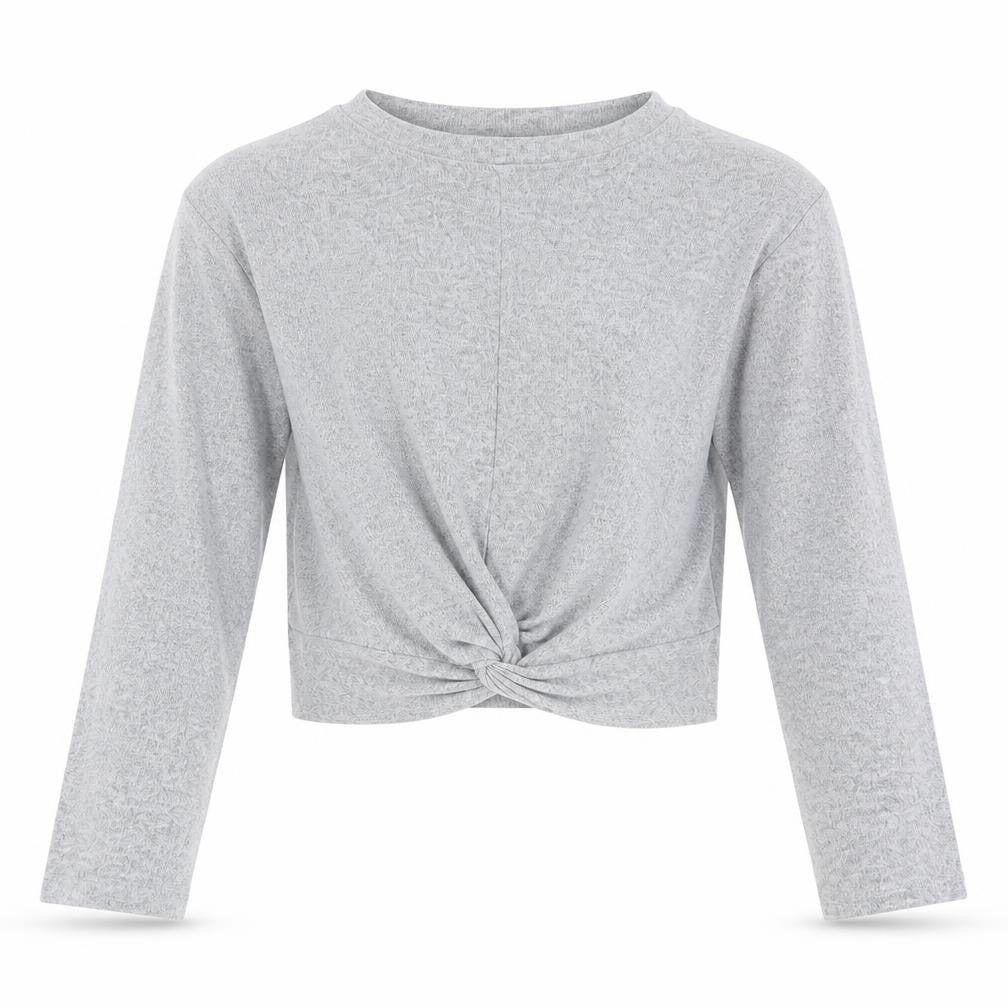 Front view of New Look girls’ grey cropped twist front long sleeve top 14-15 years