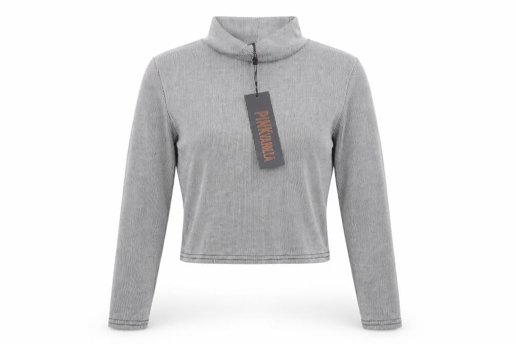 Pink Vanilla Womens Grey Striped Cropped Mock Neck Long Sleeve Top Size S