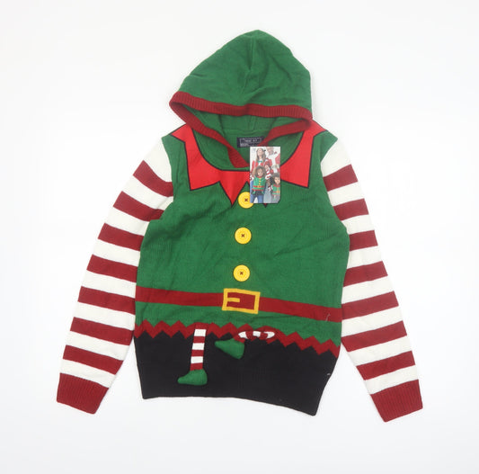 Next Boys Green Elf Hooded Christmas Jumper 10 Years Acrylic Knit