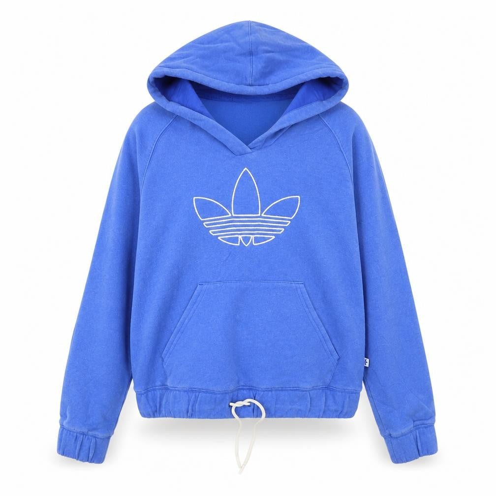 Front view of Adidas Women's Blue Pullover Hoodie, size 10, Drawstring Logo