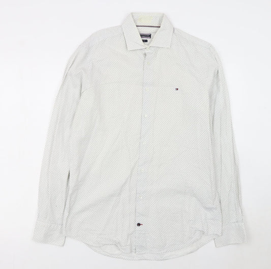 Tommy Hilfiger Men's White Slim Fit Polka Dot Long Sleeve Shirt 15.5
