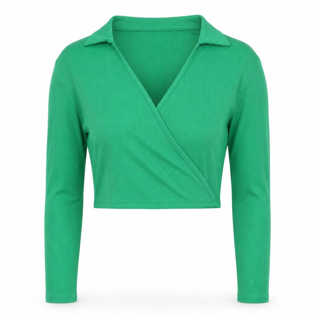 PRETTYLITTLETHING Women’s Green Cropped Long Sleeve V-Neck Blouse Size 22