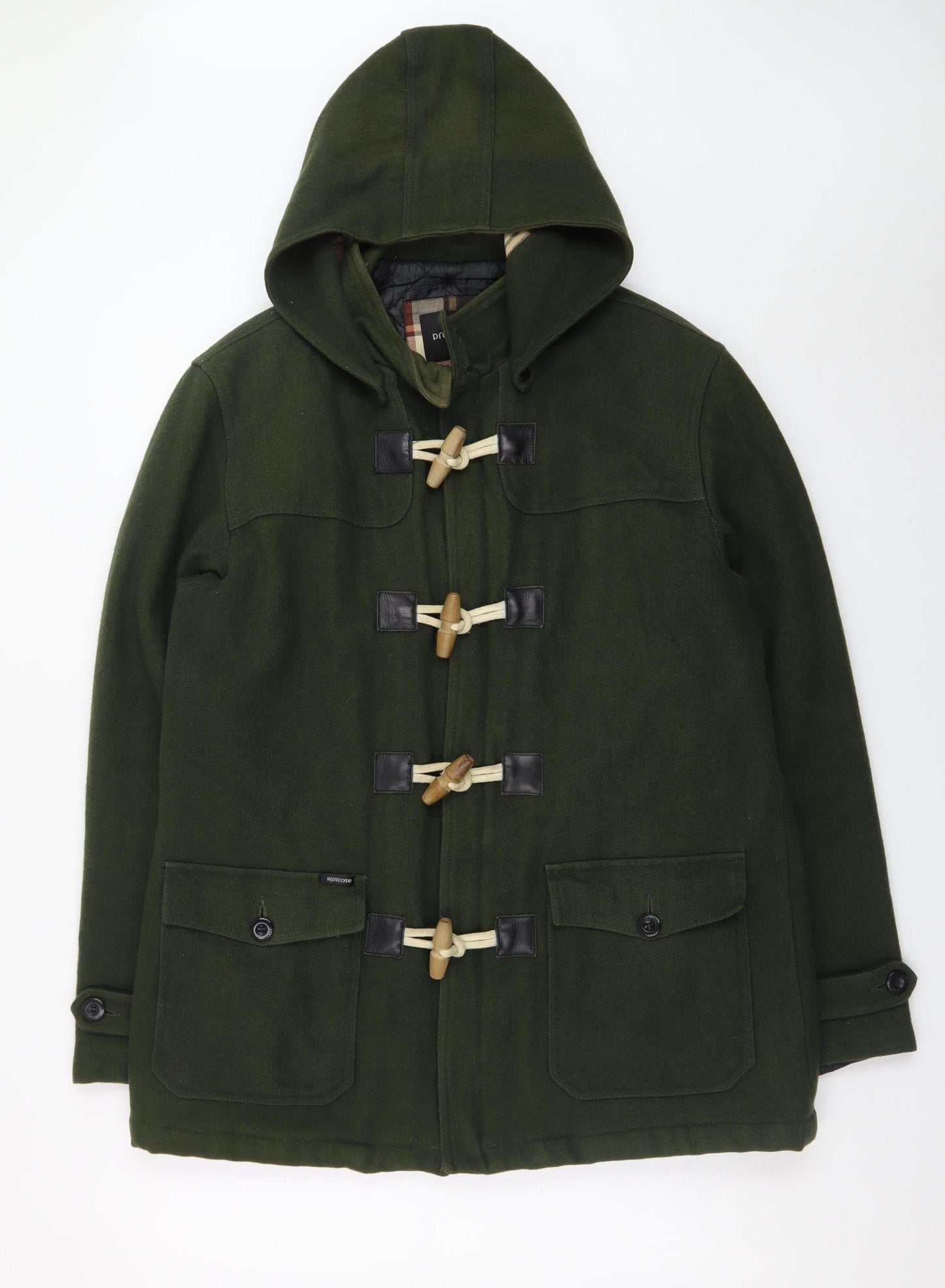 Prototype Women's Green Wool Duffle Coat L Hooded Toggle Mid-Length