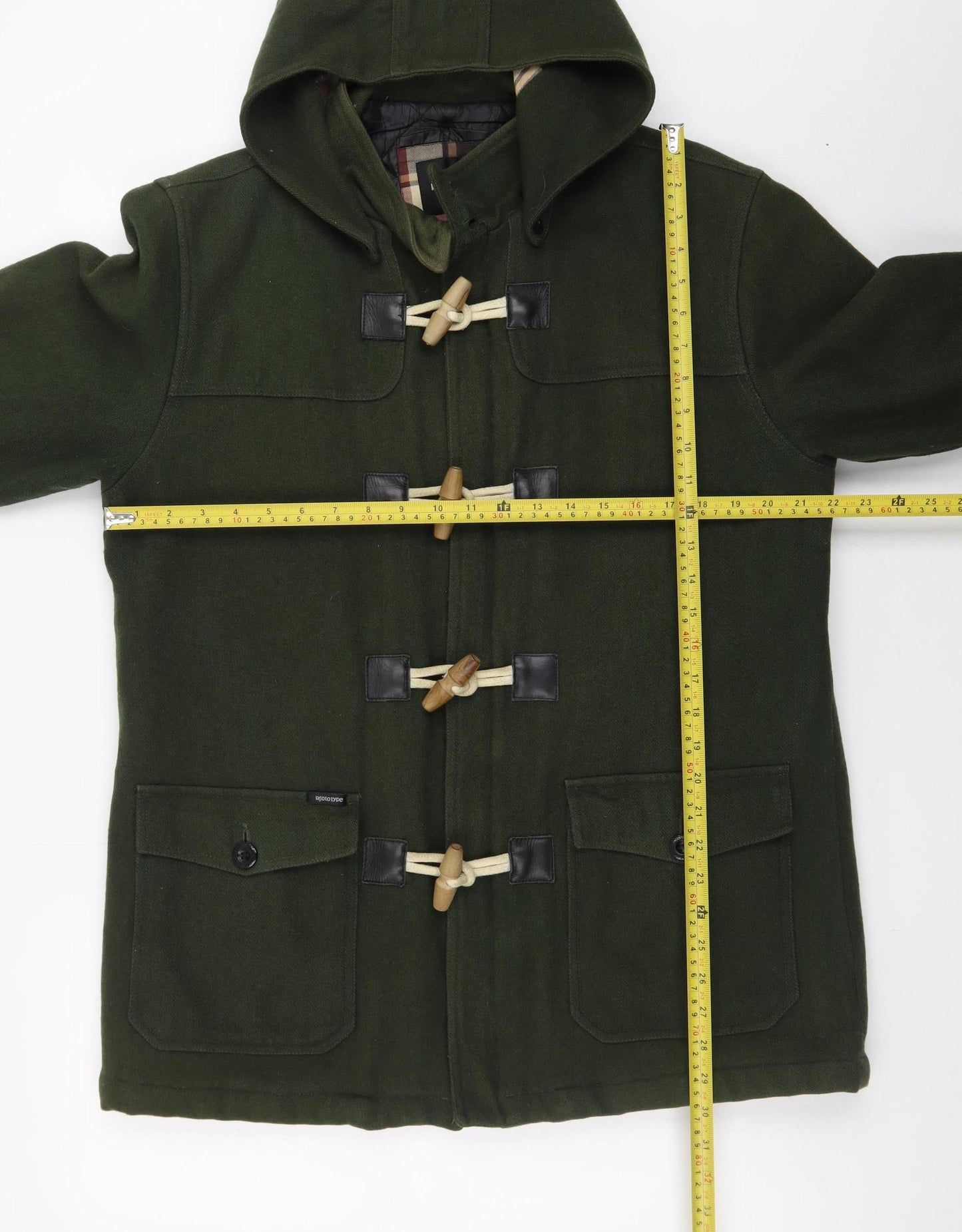 Prototype Women's Green Wool Duffle Coat L Hooded Toggle Mid-Length