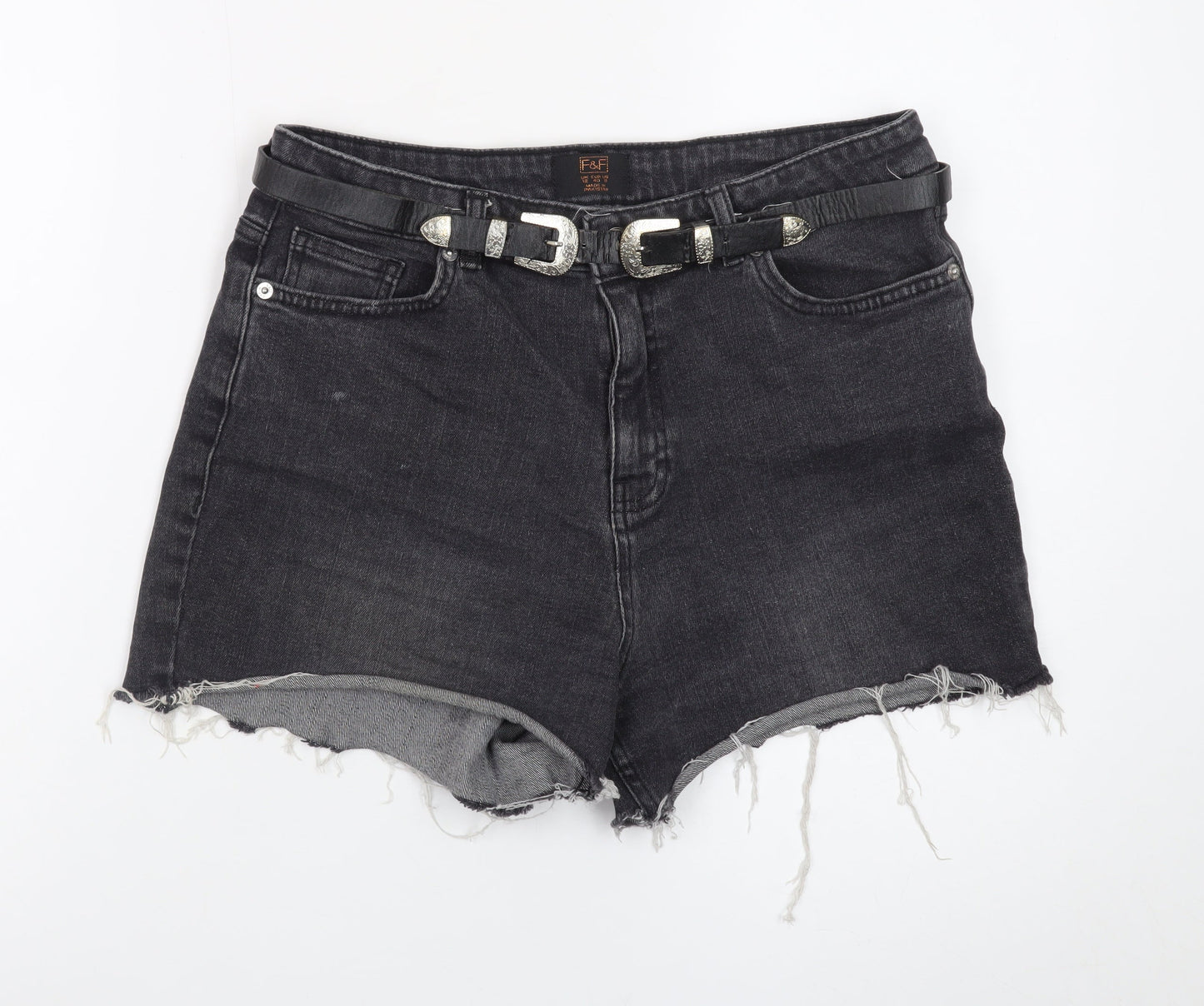 F&F Women Black Denim Cut-Off Shorts Size 12 High Rise Raw Hem