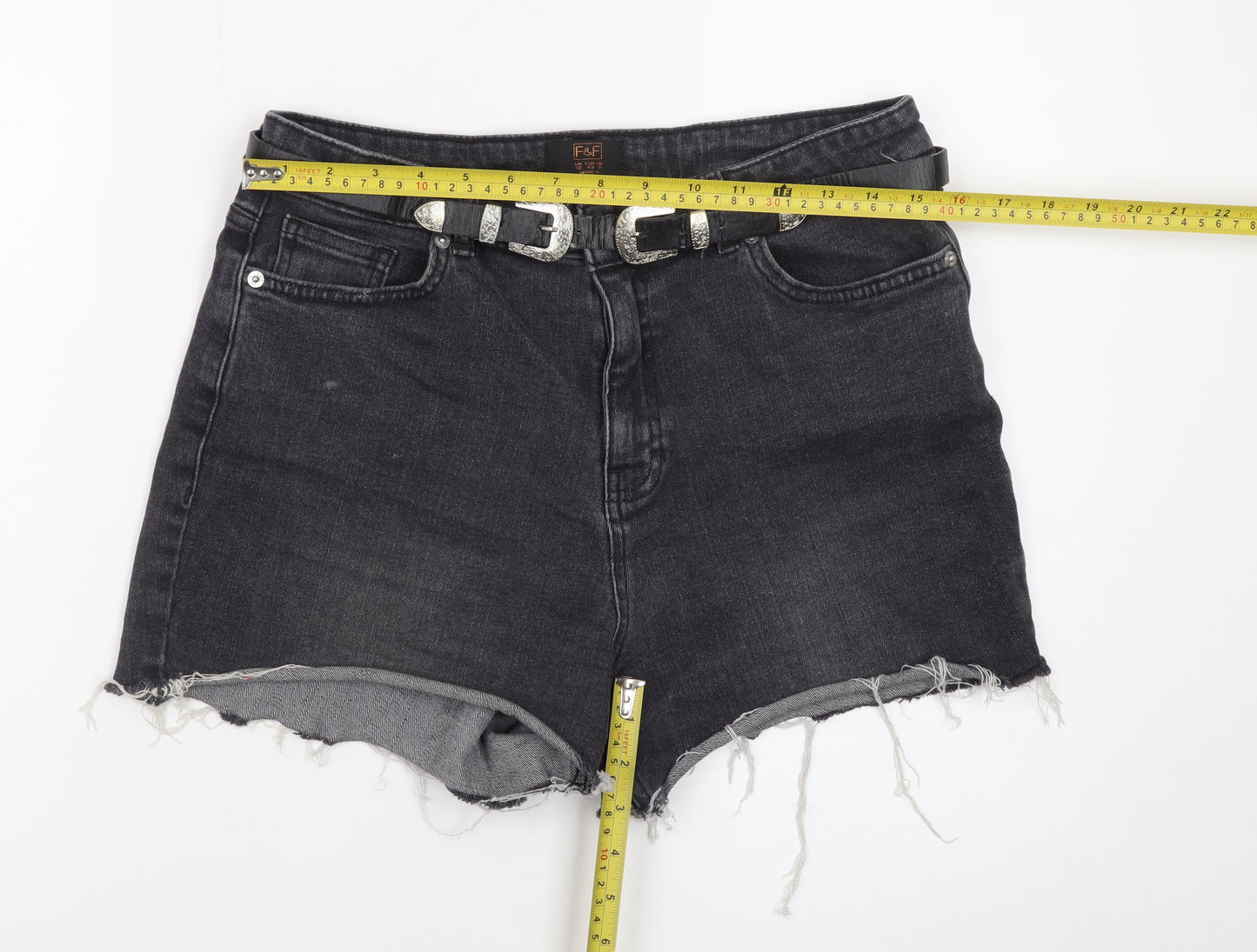 F&F Women Black Denim Cut-Off Shorts Size 12 High Rise Raw Hem