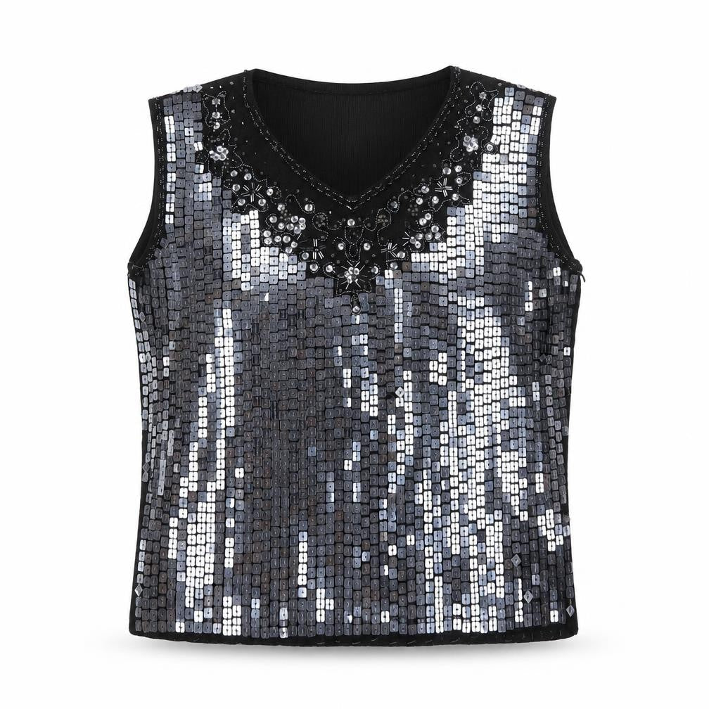 Front view of Roman Originals Women's Black Sequin Beaded V-Neck Sleeveless Top L