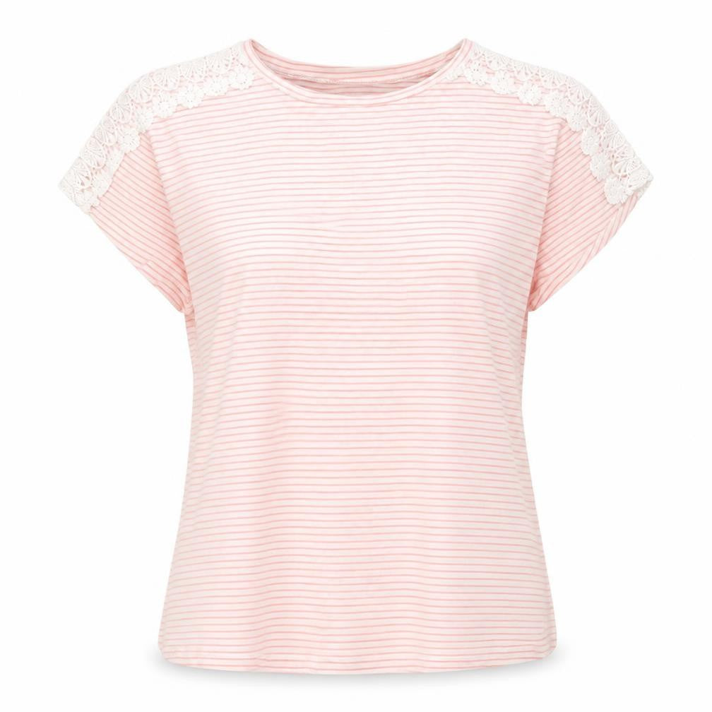 First Avenue Women's Pink Striped Crochet Shoulder T-Shirt Size M