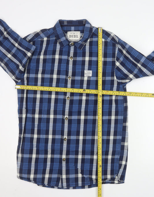 Diesel Men's Blue Checked Cotton Long Sleeve Button-Up Shirt M
