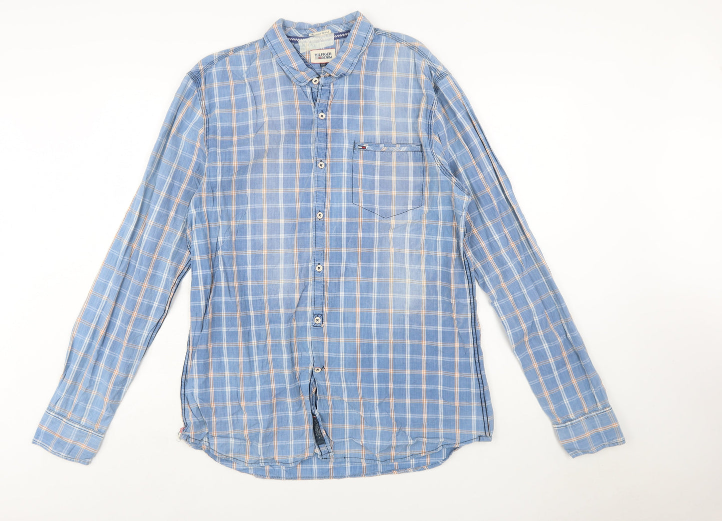 Hilfiger Denim Men's Blue Check Long Sleeve Button-Up Shirt 2XL