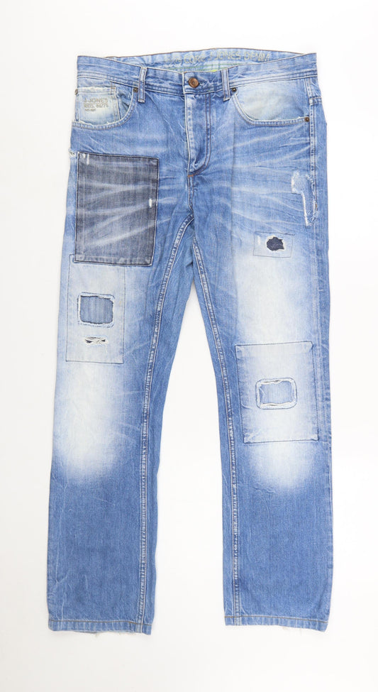 Jack & Jones Men’s Blue Distressed Straight Denim Jeans Size 33/34