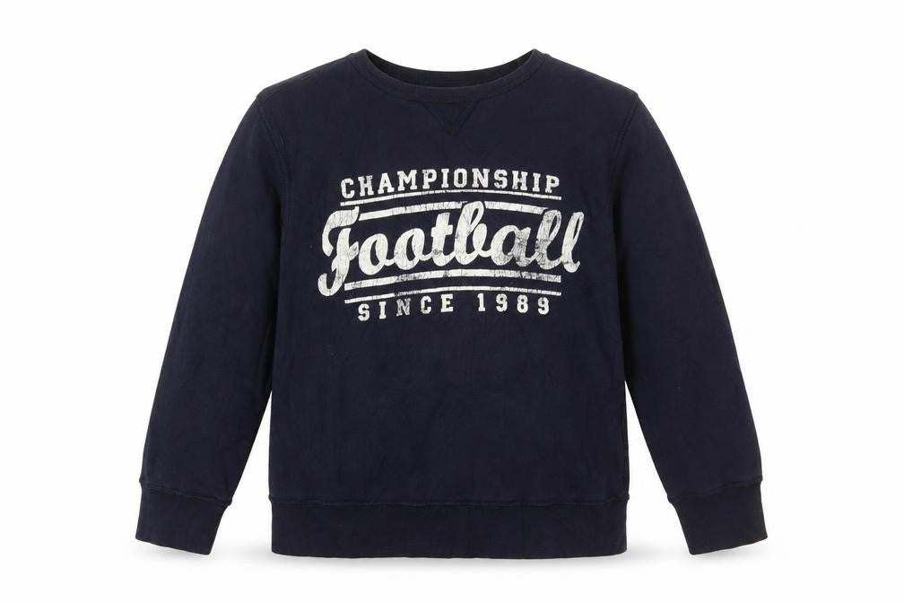 Front view of The Children's Place boys’ navy football sweatshirt l 10-12 crew neck pullover