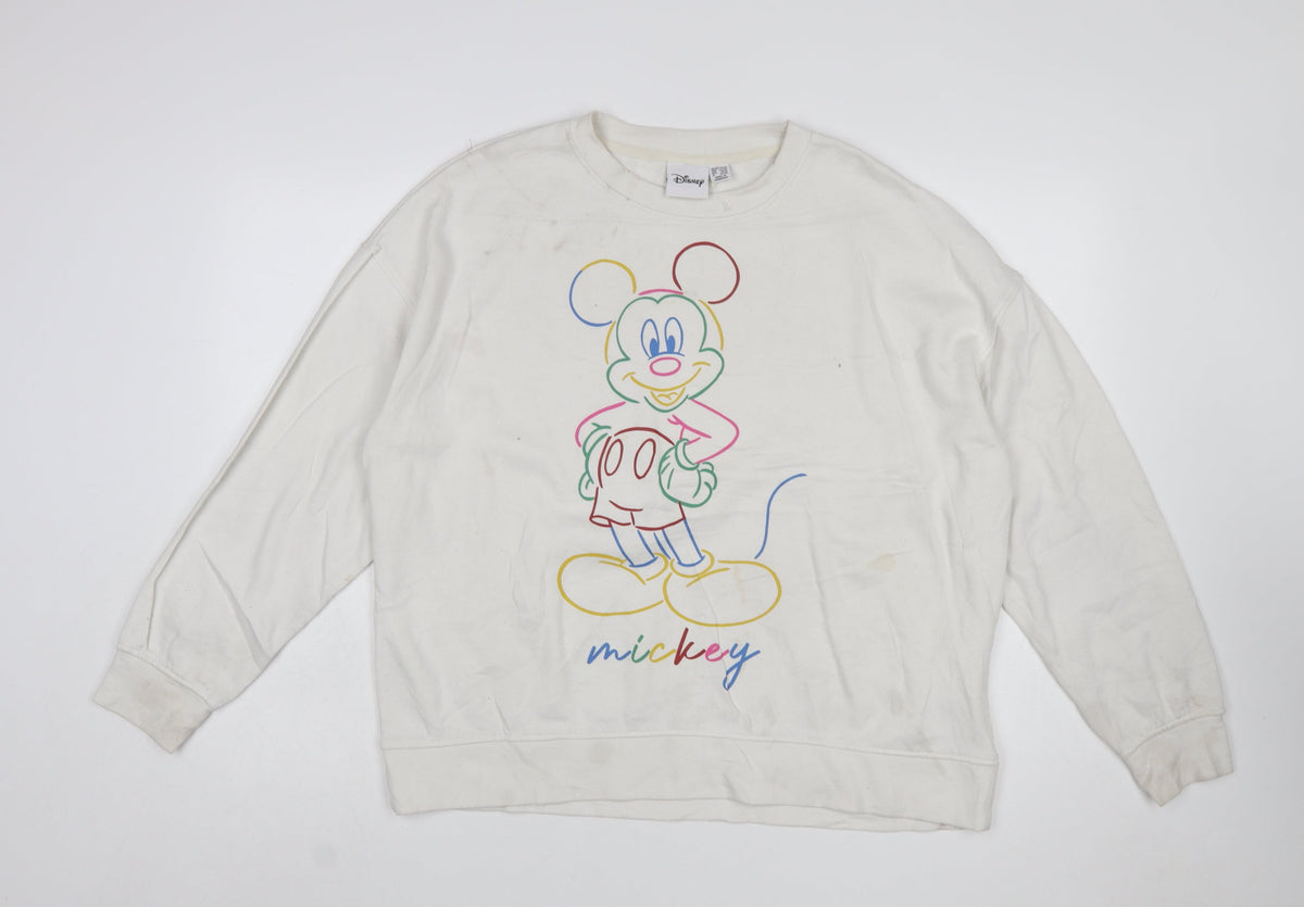 Front view of Disney Women White Mickey Mouse Printed Pullover Sweatshirt L