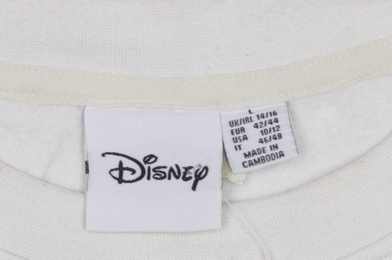 Brand and care label for Disney Women White Mickey Mouse Printed Pullover Sweatshirt L