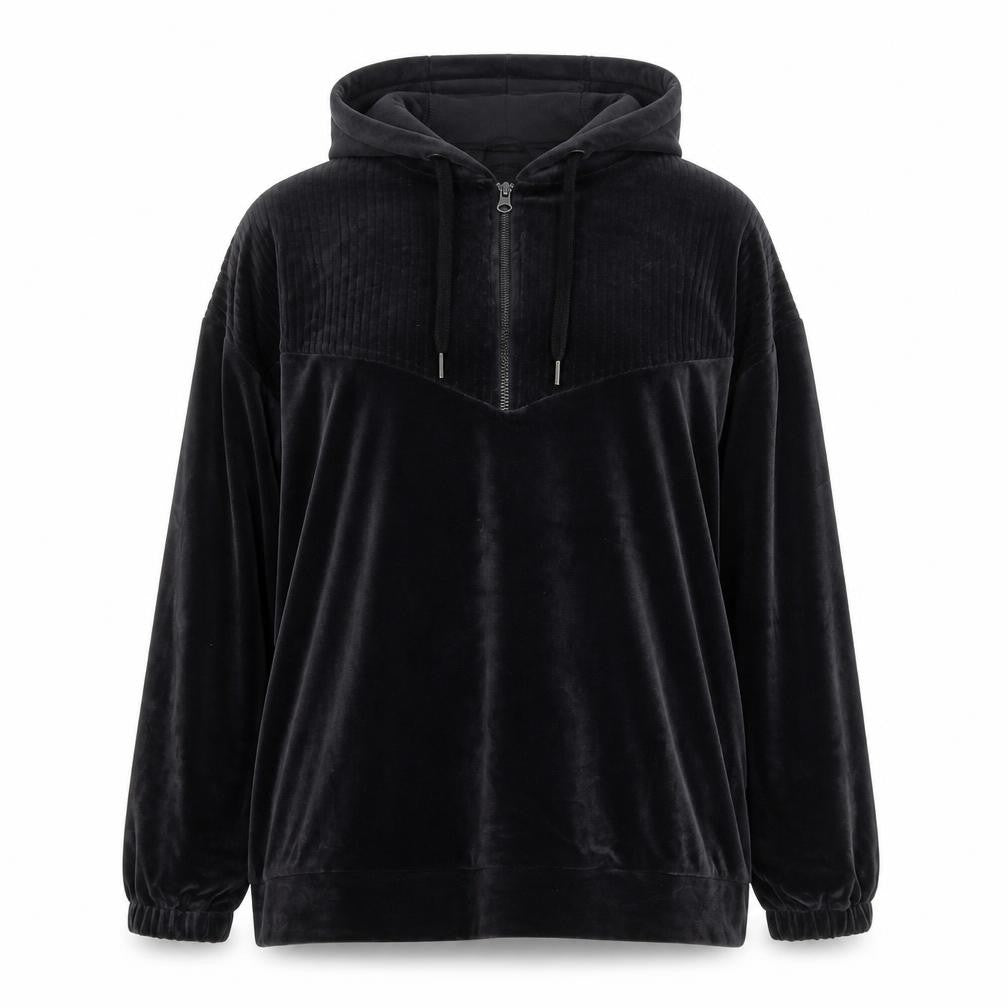 Dunnes Women’s Black Velour Hooded 1/4 Zip Pullover Jumper Size 16