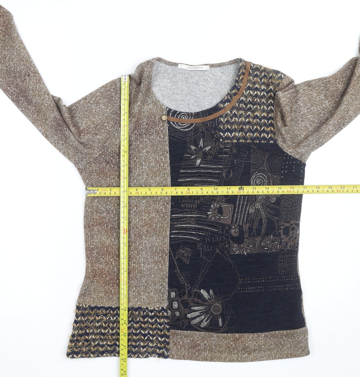 Kalisson Women's Brown Art Print Long Sleeve Pullover Jumper Size M
