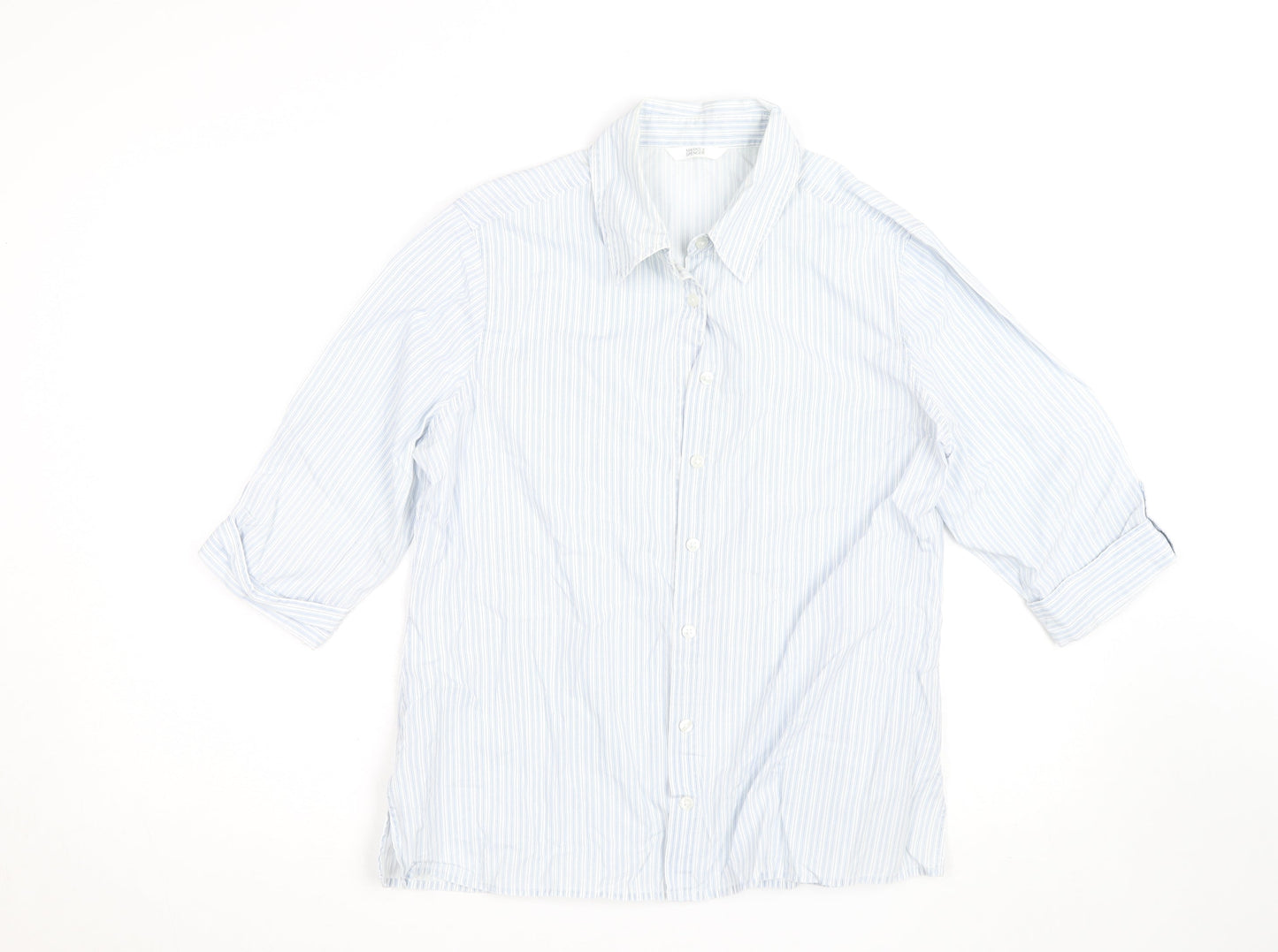 Marks and Spencer Mens Blue Striped Cotton 3/4 Sleeve Shirt Size 14