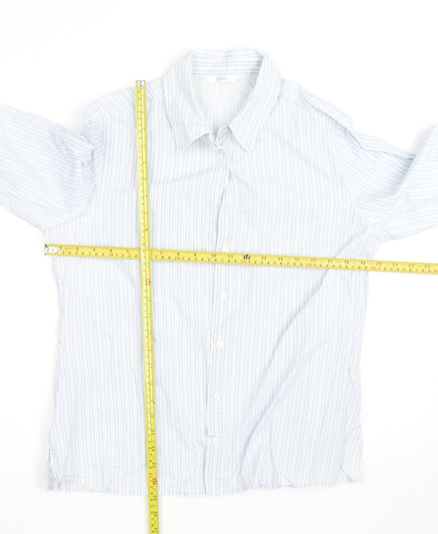 Marks and Spencer Mens Blue Striped Cotton 3/4 Sleeve Shirt Size 14