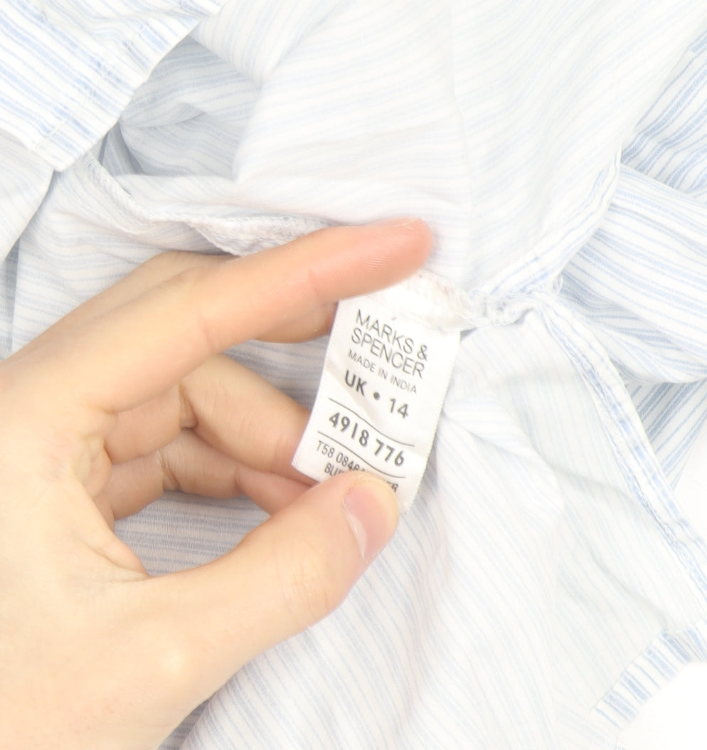 Marks and Spencer Mens Blue Striped Cotton 3/4 Sleeve Shirt Size 14