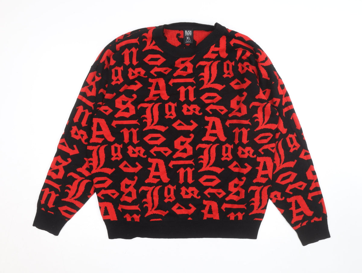 Brand and care label for Black Squad Men's Red Black Graphic Knit jumper XL