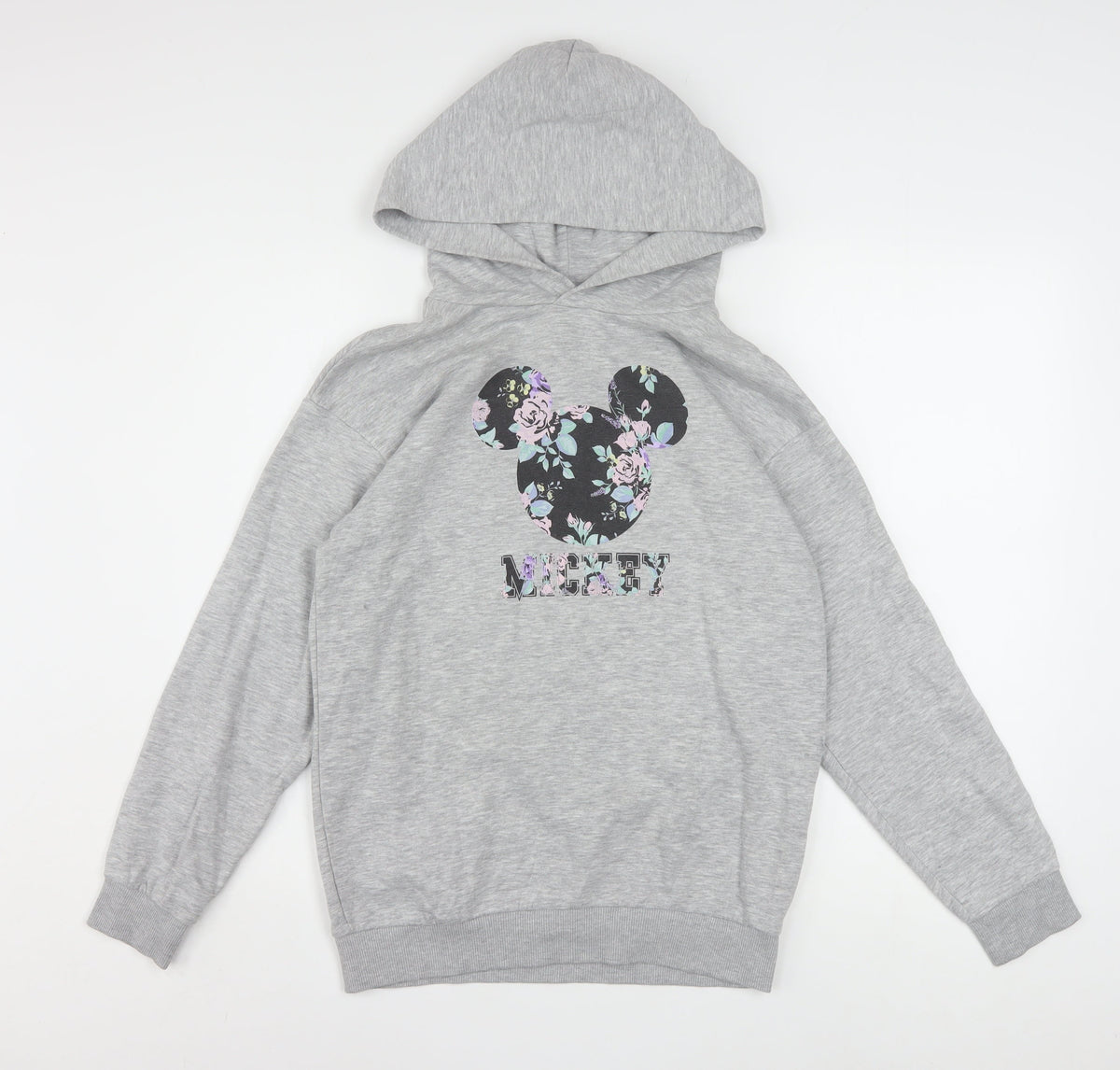 Front view of H&M girls’ grey hoodie 11-12 years disney mickey floral cotton blend pullover