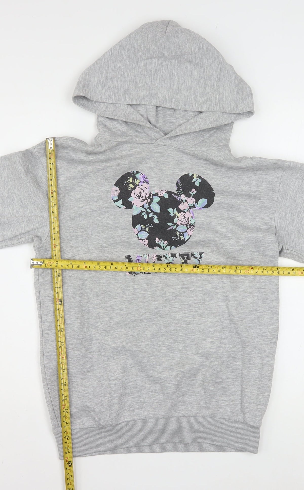 Back view of H&M girls’ grey hoodie 11-12 years disney mickey floral cotton blend pullover
