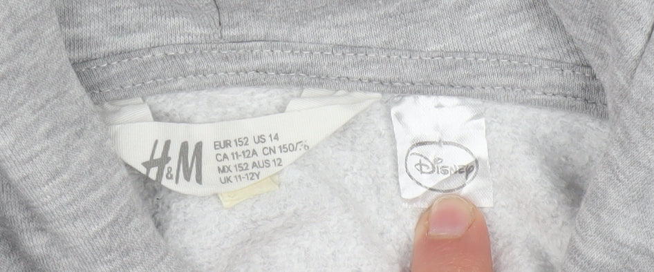 Brand and care label for H&M girls’ grey hoodie 11-12 years disney mickey floral cotton blend pullover