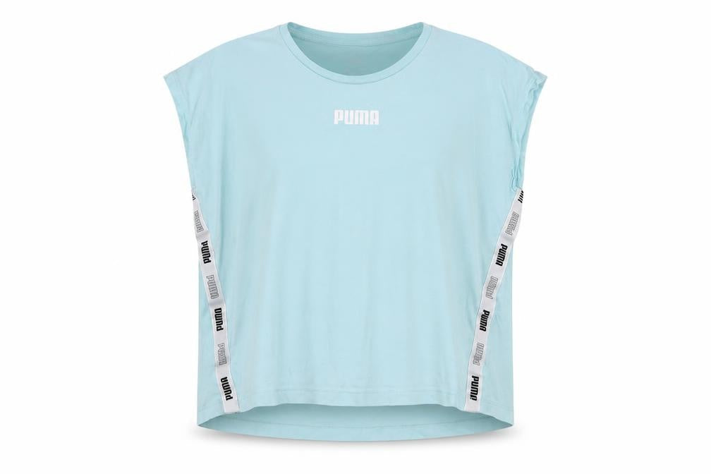 Front view of Puma boys’ blue sleeveless t-shirt 15-16 years sports logo top