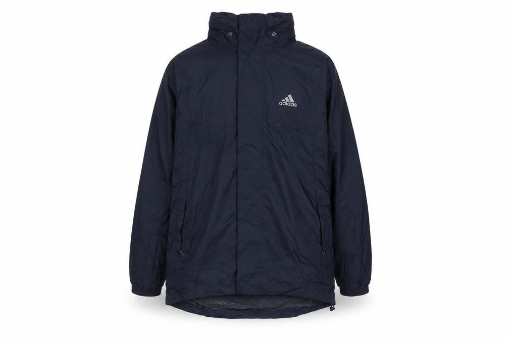 Front view of Adidas boys’ blue windbreaker jacket 14-16 years hooded zip lined sports