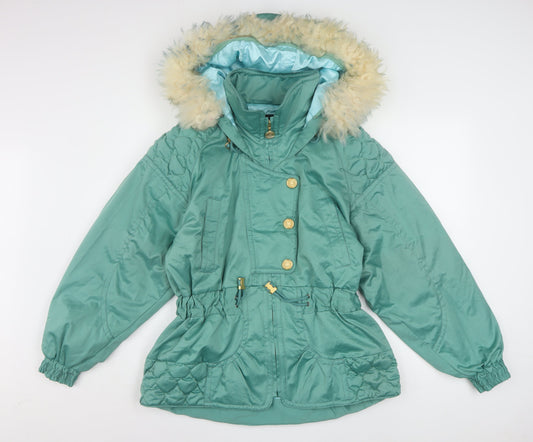 Kensho Abe Womens Green Fur Trim Hooded Padded Parka Jacket M