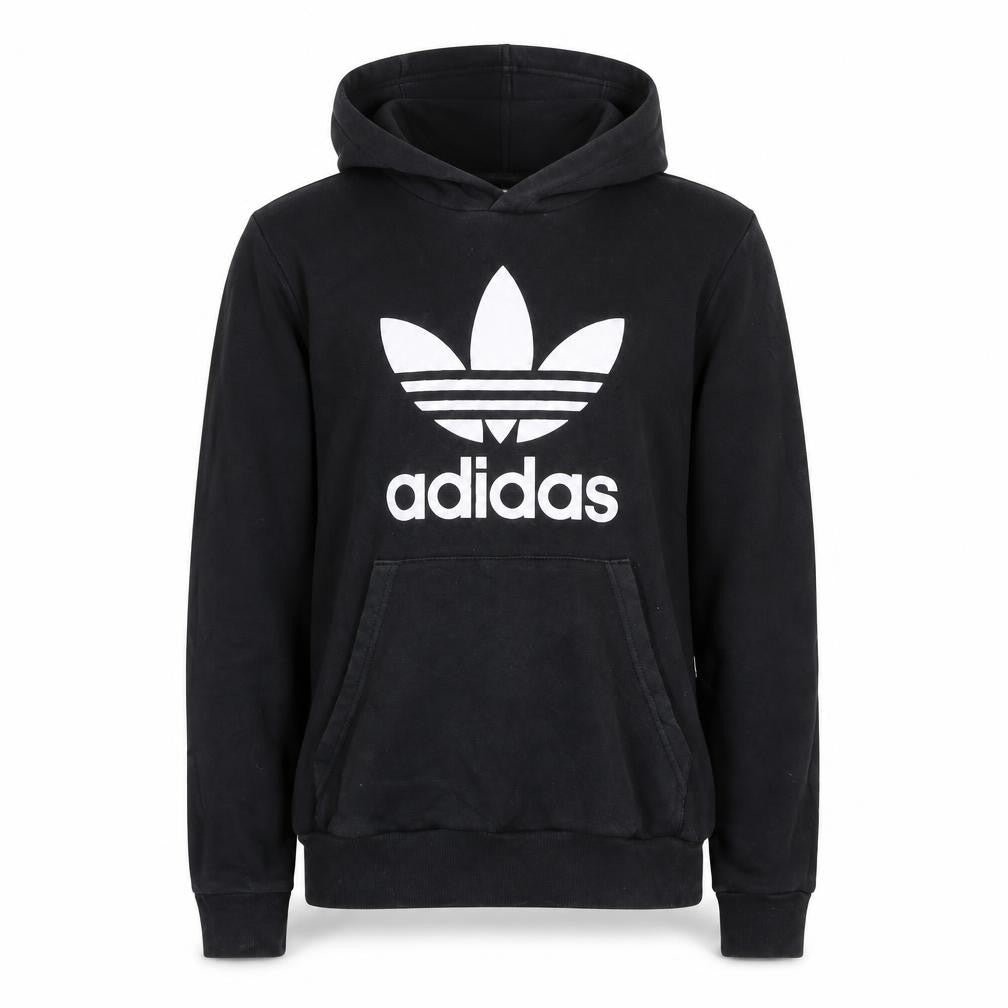 Front view of adidas boys’ black pullover hoodie 13-14 years logo fleece sweatshirt