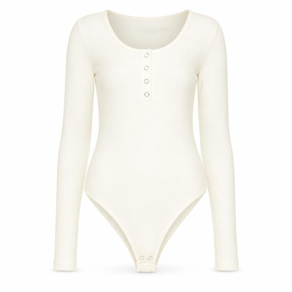 & Other Stories Women Ivory Long Sleeve Scoop Neck Button Bodysuit S