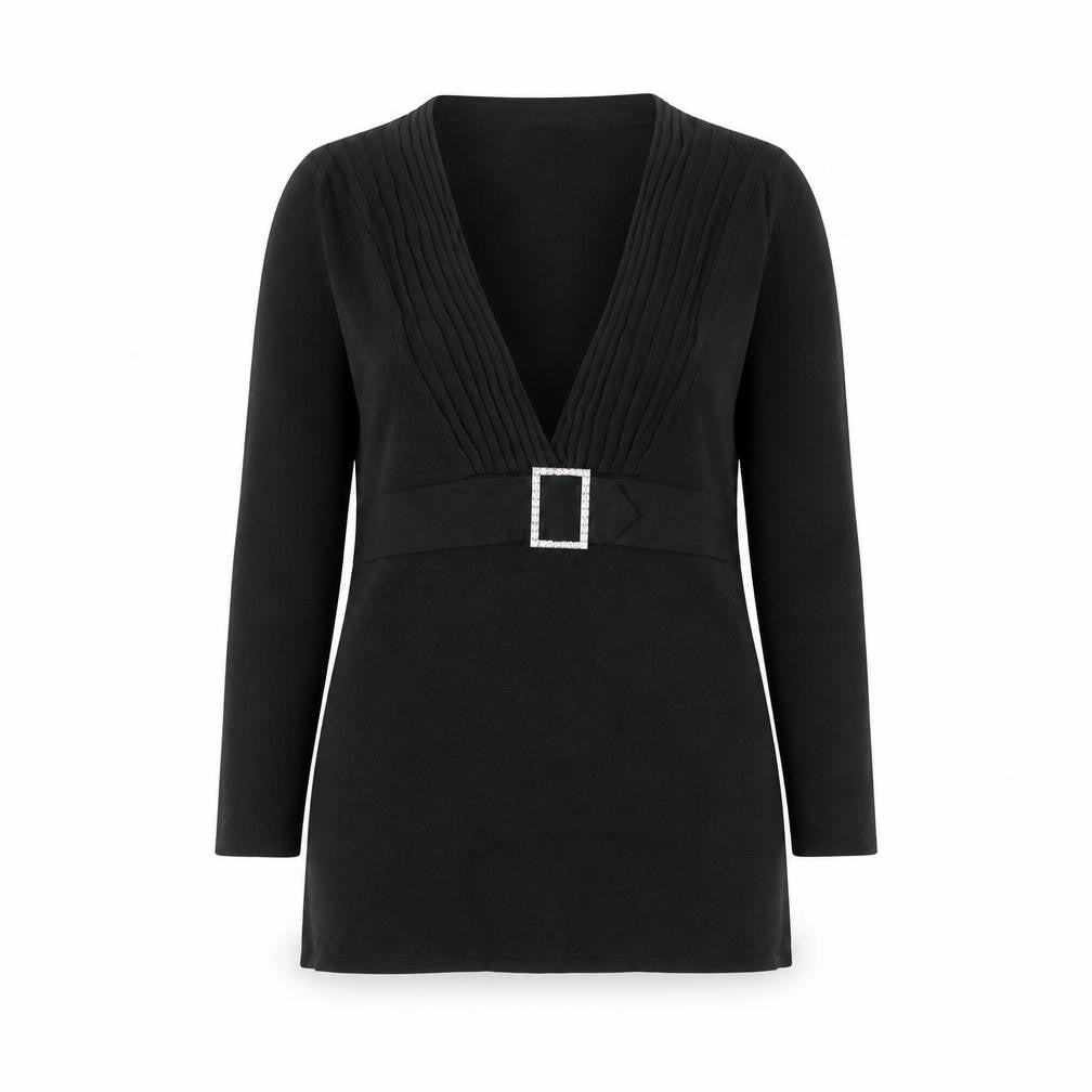 Jeff Banks Women Black Size 12 V-Neck Tunic Jumper with Buckle Detail