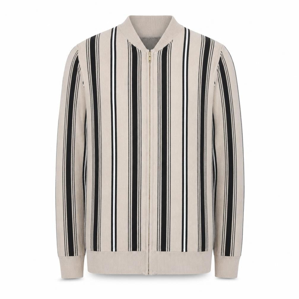 boohooMAN Men's Beige Striped Full Zip Jumper Size M Classic Knitwear