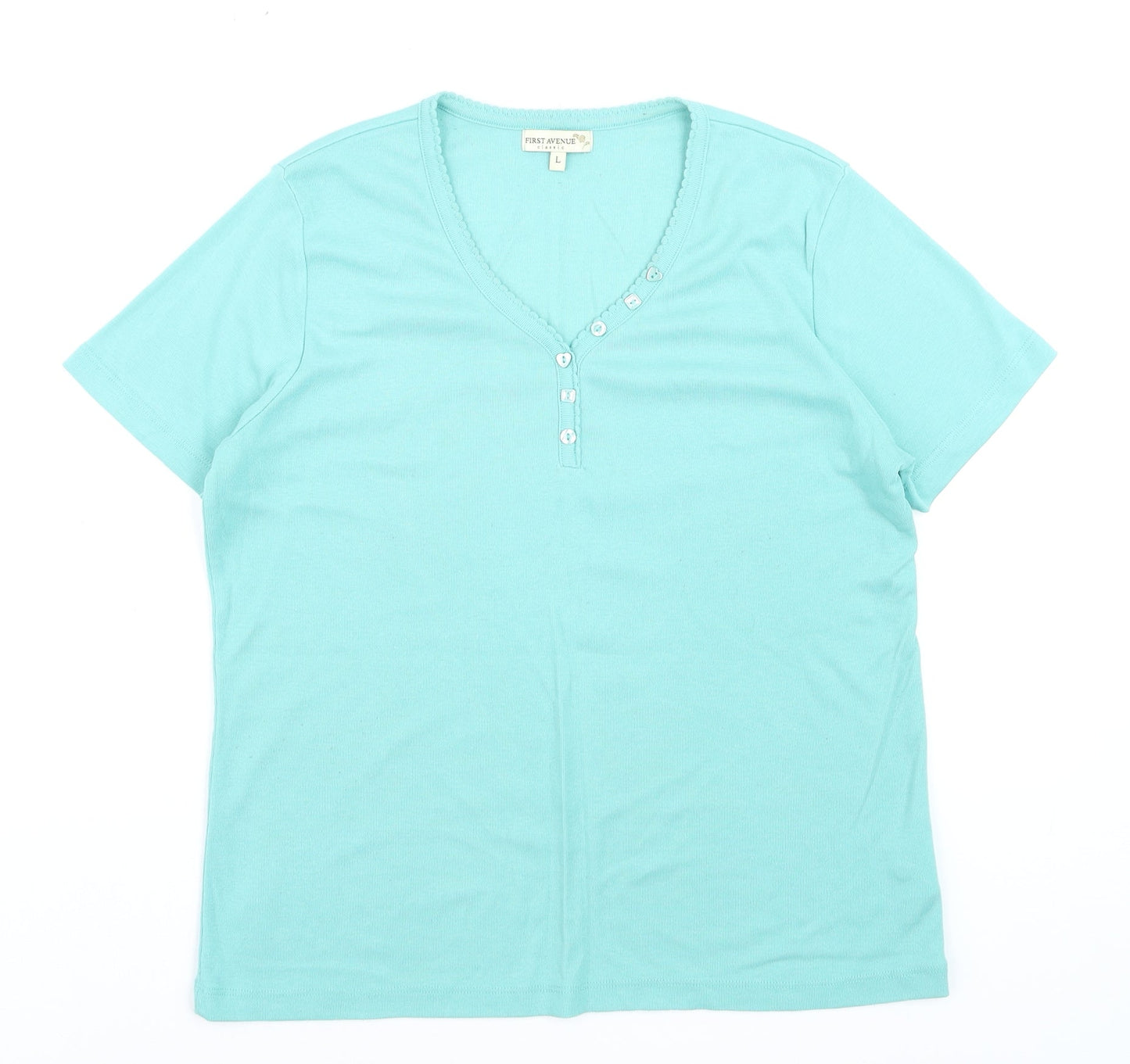 First Avenue Women's Blue V-Neck Button T-Shirt Size L