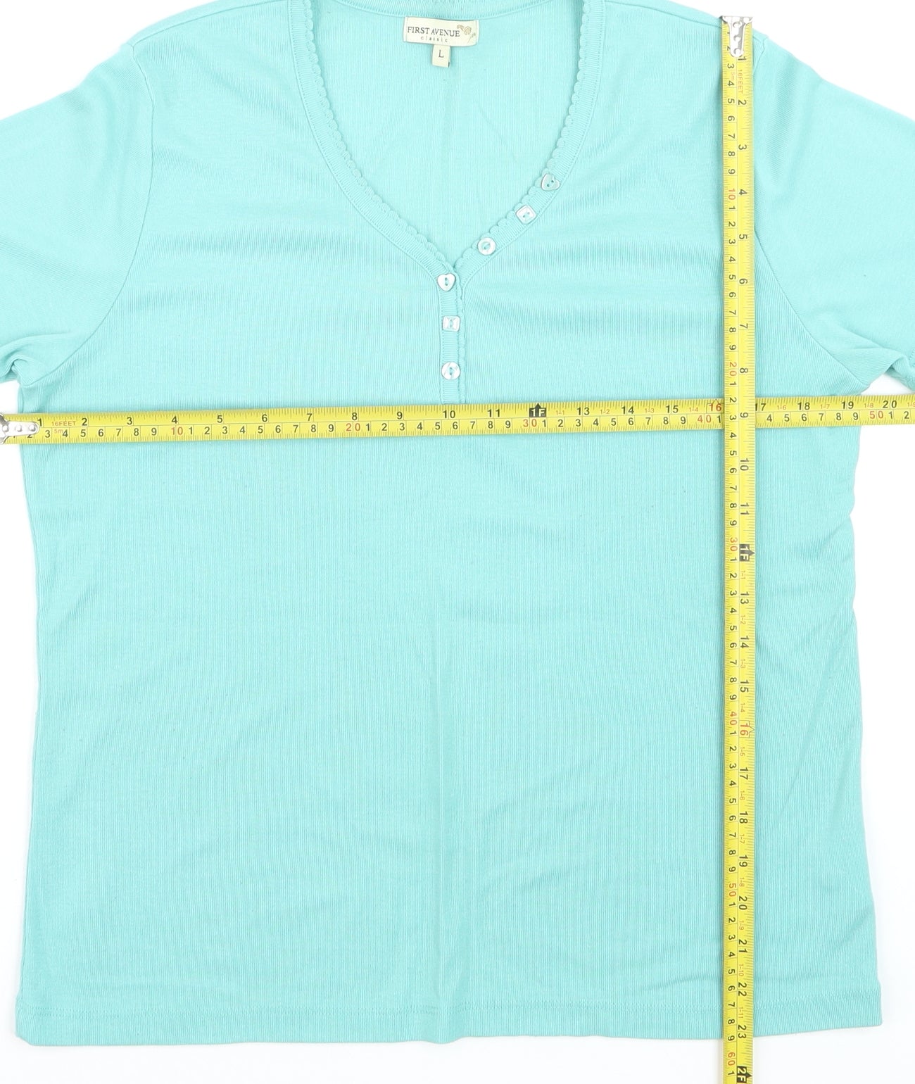 First Avenue Women's Blue V-Neck Button T-Shirt Size L