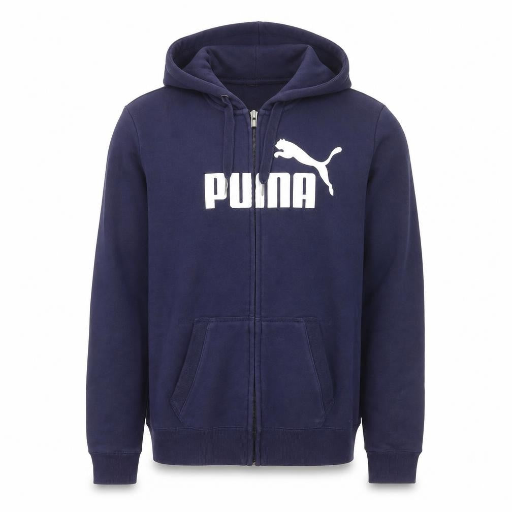 Front view of Puma Men's Blue Full Zip Hoodie M Sports Logo Fleece Sweatshirt