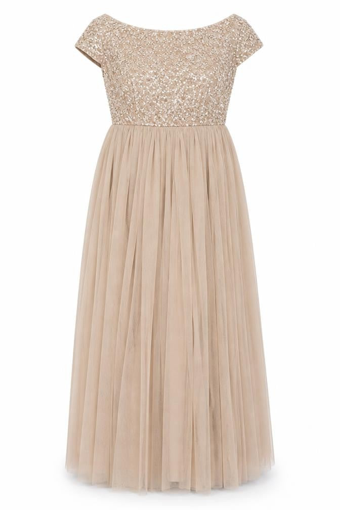 Maya Deluxe Women’s Beige Sequin A-Line Long Dress UK 10